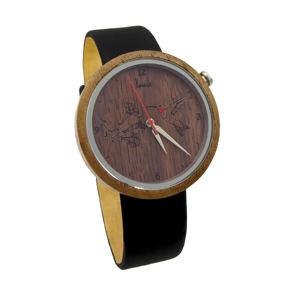 Montre cuir noir bois noyer foncé, vol au crépuscule