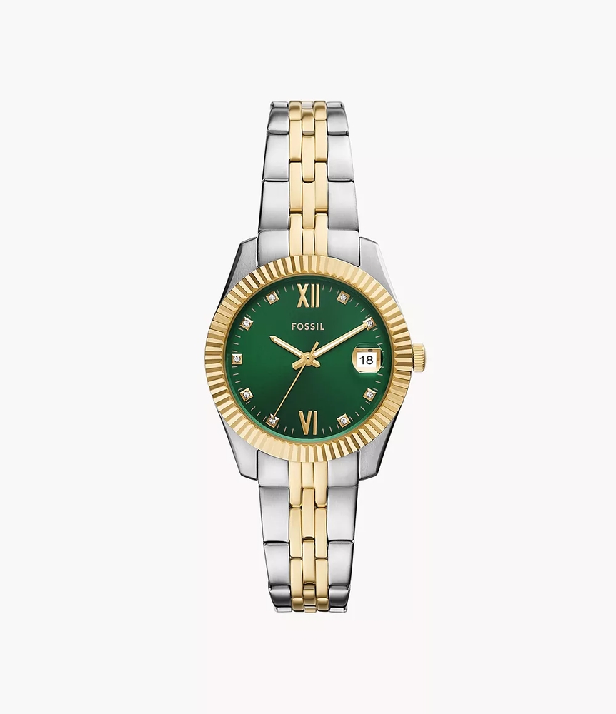 Montre acier inoxydable 2 tons (blanc et jaune), fond vert - ES5388 - Fossil