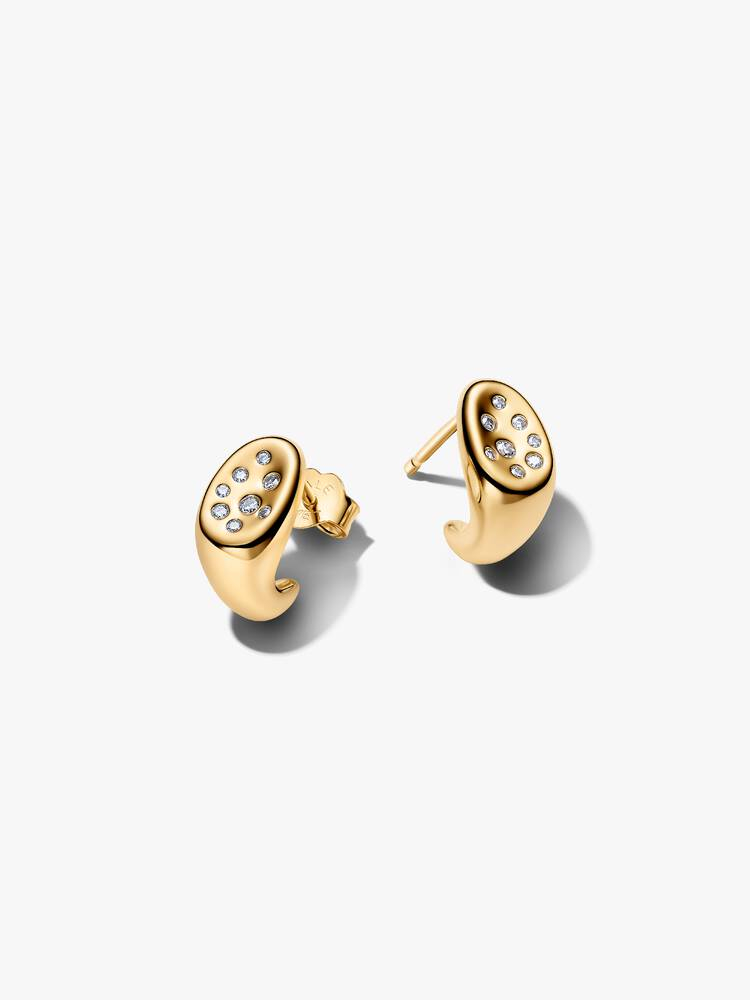 Boucles d'oreilles fixes de forme organique, métal unique plaqué d'or 14 carats, zircons incolores