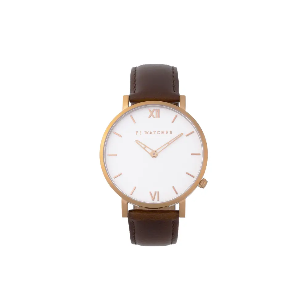 Montre golden sun, cuir brun, acier rosé, fond blanc - 1013-42 - FIVE JWLRY