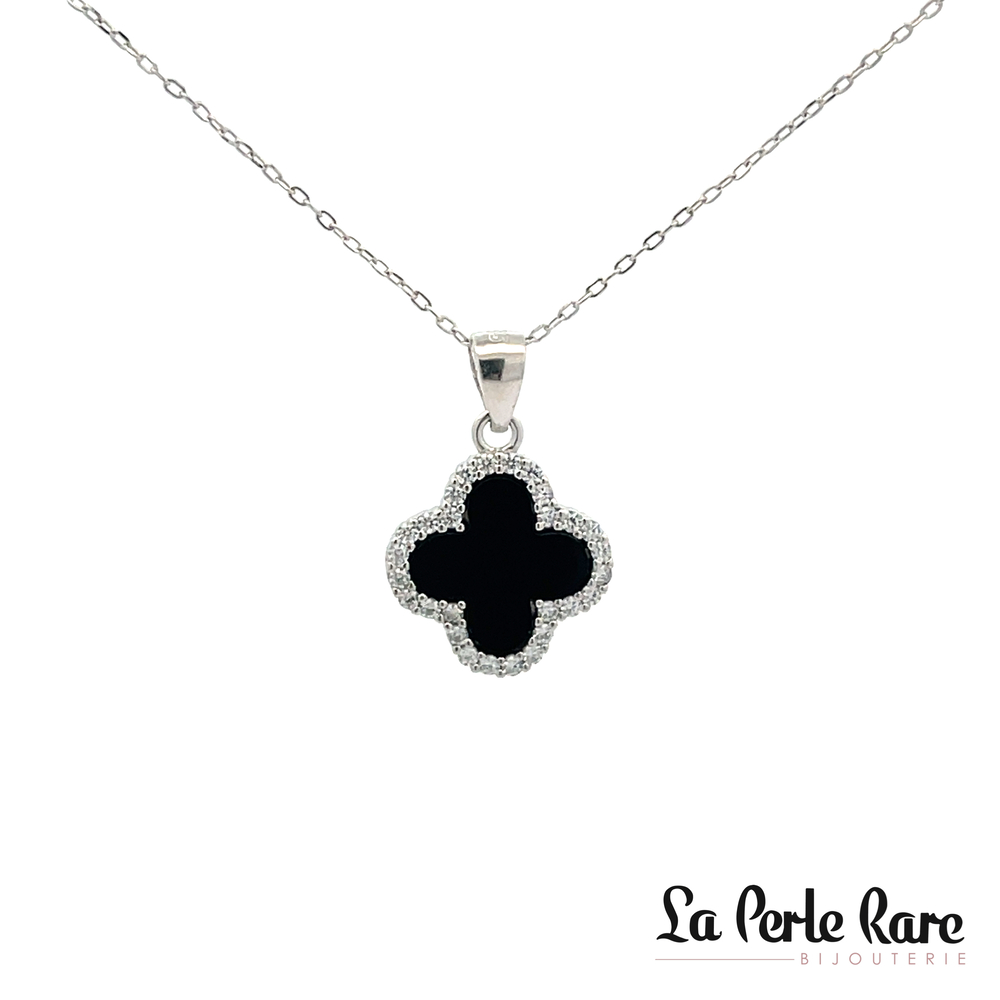Pendentif de style Van Cleef argent, zircons incolores, onyx - N4429-NOIR - Création Gl