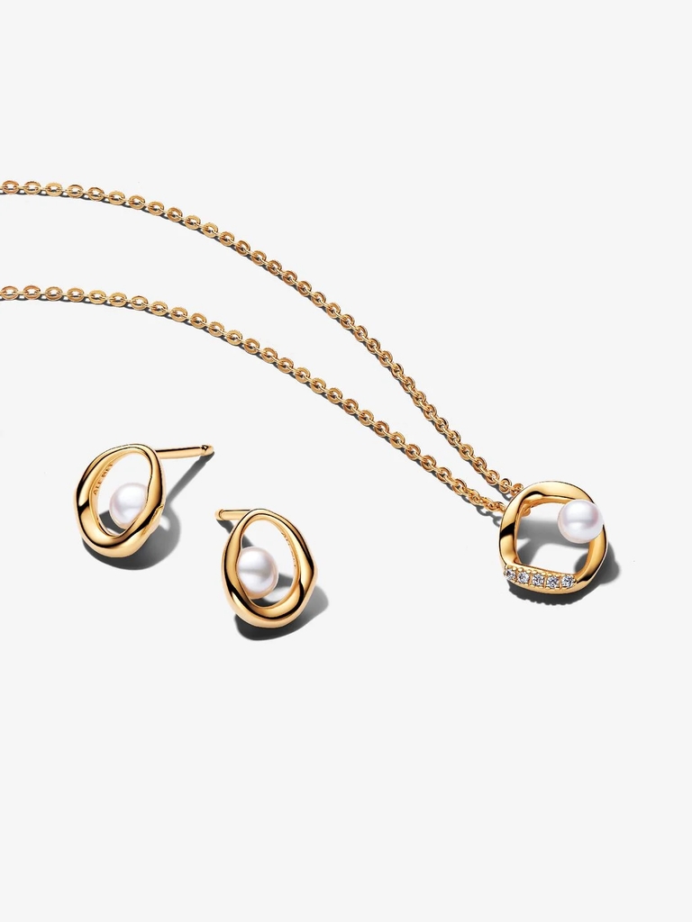 Ensemble-cadeau collier et boucles d'oreilles fixes, formes organiques, métal unique plaqué d'or 14 carats, perles d'eau douce - B802657 - Pandora