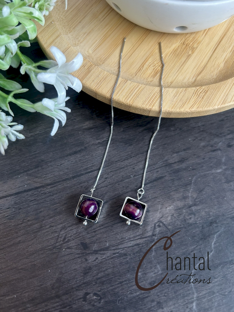 Boucles d'oreilles chaînettes Caroline violette, acier inoxydable, agates violettes - 25-BO-33 - Création Chantal