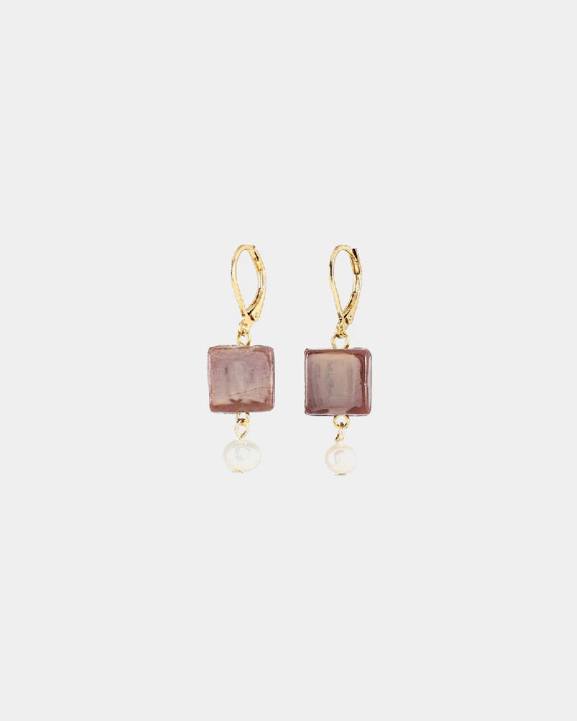 Boucles d'oreilles pendantes acier inoxydable doré, étain finition or jaune 22 carats, verre coloré, perles d'eau douce - DORADO-MOKAMOU - Anne-marie Chagnon