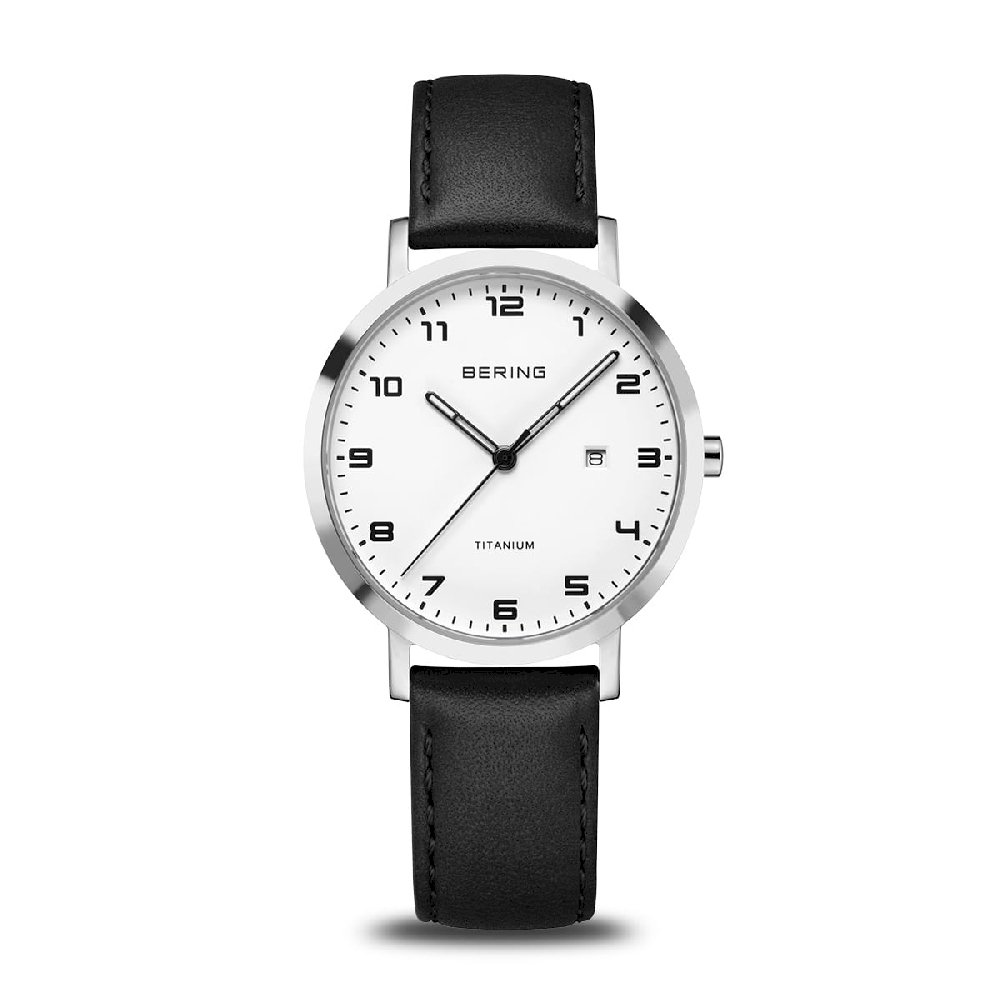 Montre cuir noir, titane, fond blanc - 18634-404 - Bering