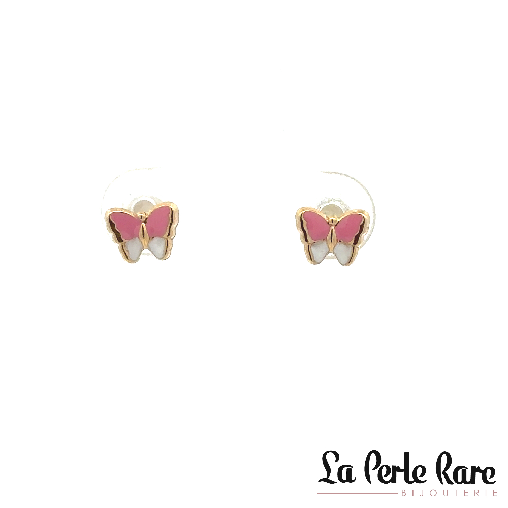 Boucles d'oreilles fixes vissées papillons, or jaune 10 carats, émail rose et blanc - 8994-ROSE - Exclusivités