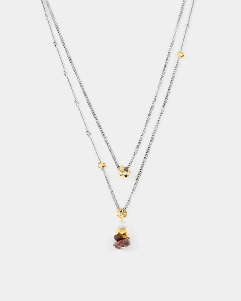 Collier acier inoxydable, étain finition or jaune 22 carats, verre coloré, perle d'eau douce - CAELUS-MOKAMO - Anne-marie Chagnon