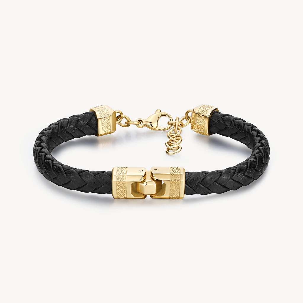 Bracelet cuir noir tressé, acier inoxydable finition doré - BKC23 - Brosway Italia