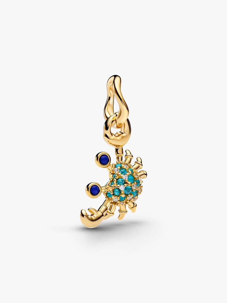 Bille crabe, métal unique plaqué d'or 14 carats, lapis lazuli synthétique, cristaux verts, zircon incolore