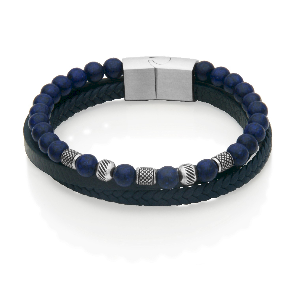 Bracelet cuir bleu, acier inoxydable, lapis lazuli, 6.5 millimètres - T1XH540185 - Steelx