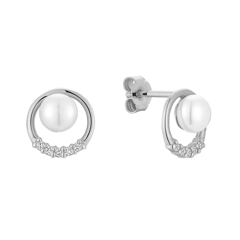 Boucles d'oreilles fixes or blanc 10 carats, perles, 9 points de diamant total