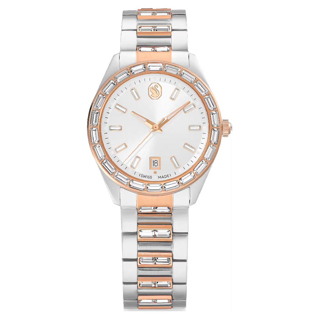 Montre Matrix, métal 2 tons (blanc et rose), cristaux incolores, fond blanc