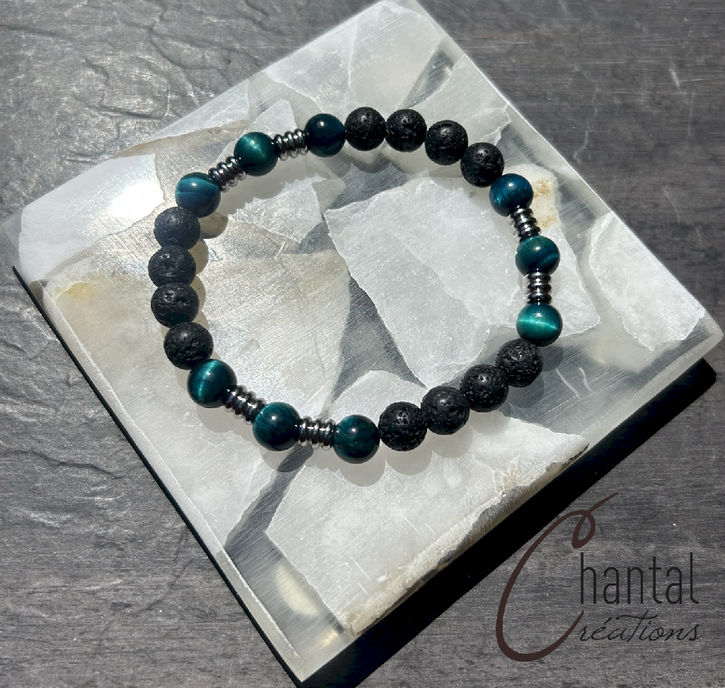 Bracelet extensible Nicolas turquoise, pierre de lave, oeil-de-tigre turquoise, acier inoxydable