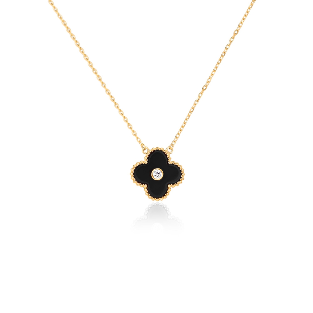 Collier de style Van Cleef, argent finition or jaune, onyx, zircon incolore