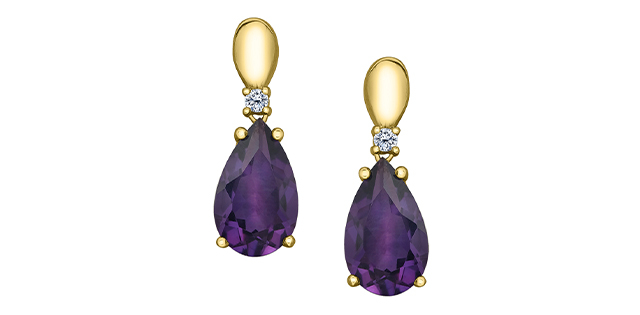 Boucles d'oreilles pendantes or jaune 10 carats, améthystes, 4 points de diamant canadien total, certificat - E4695-10 - Corona