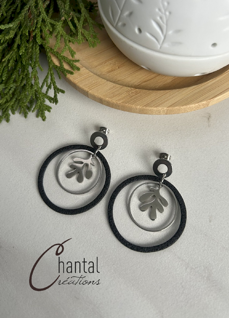 Boucles d'oreilles pendantes Saturne feuille argentées, acier inoxydable, argile polymère - 25-BO-41 - Création Chantal