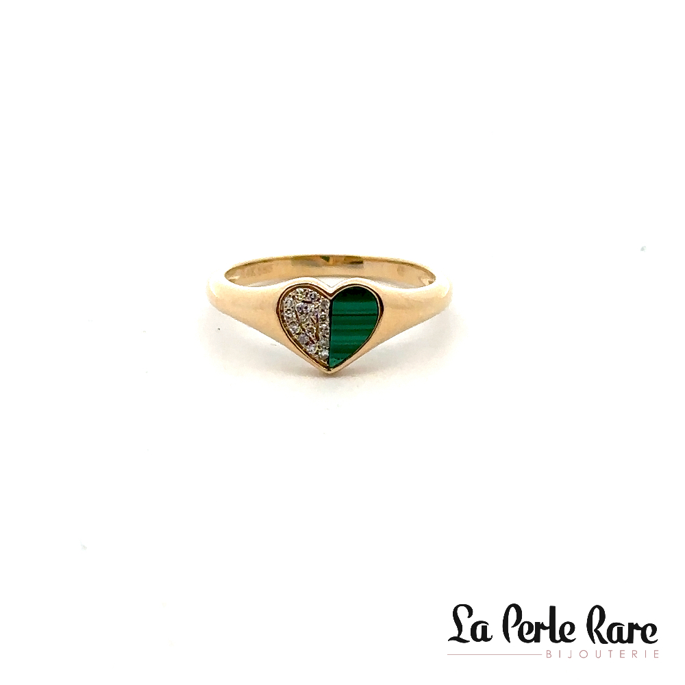 Bague coeur, or jaune 14 carats, malachite, 5 points de diamants total - 16936MLR4YTA1 - Exclusivités