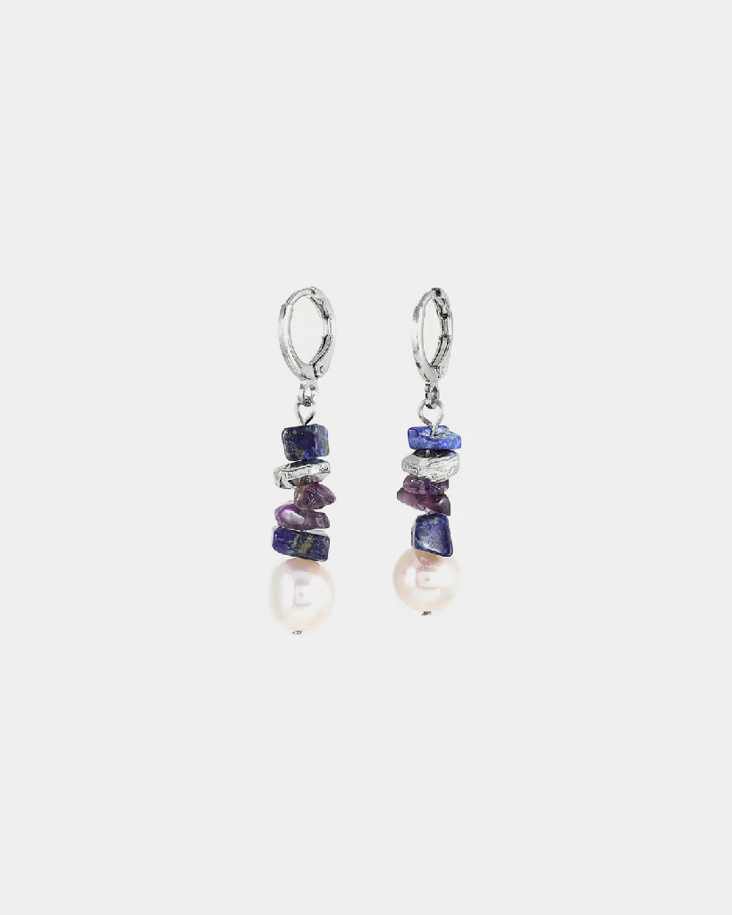 Boucles d'oreilles pendantes acier inoxydable, étain, verre coloré, perles d'eau douce - ORCUS-CREPUSCULE - Anne-marie Chagnon