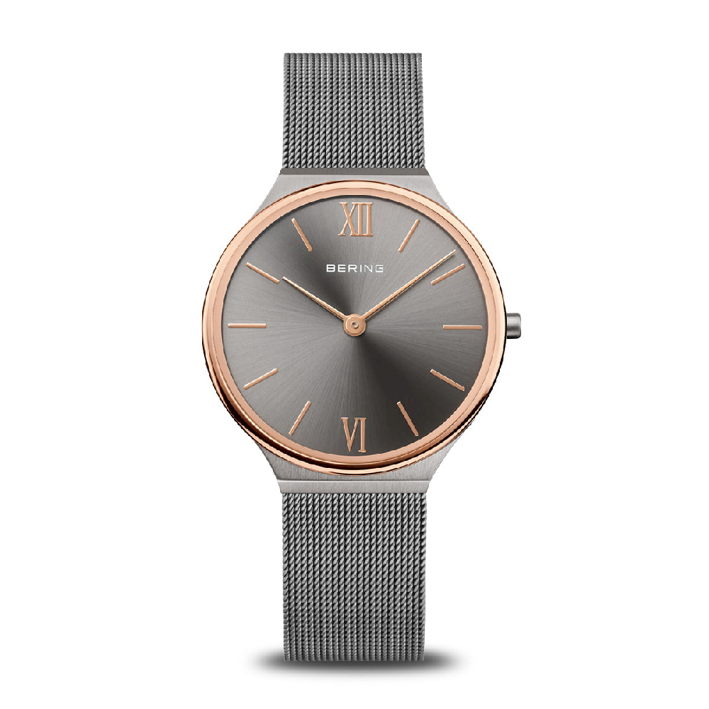 Montre acier inoxydable 2 tons (blanc/rose), fond nacré gris - 18434-369 - Bering