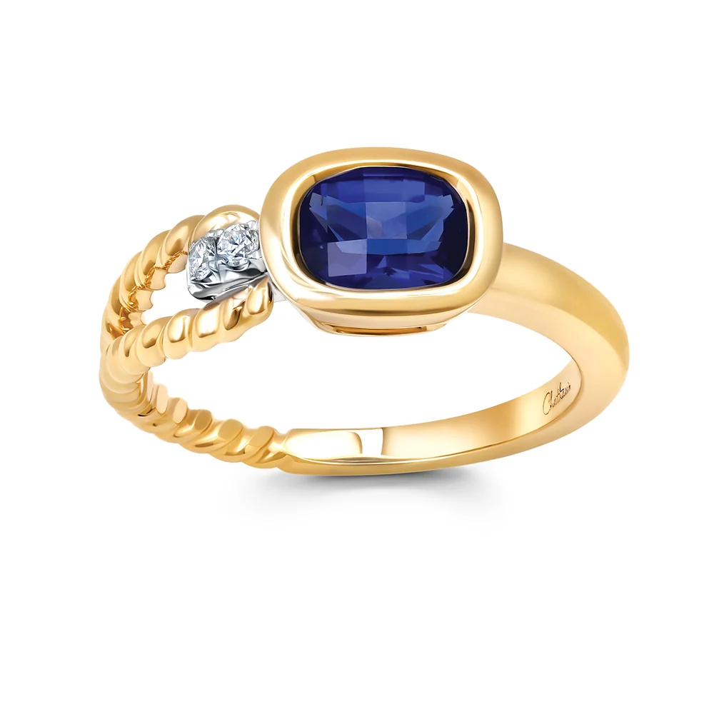 Bague or 2 tons (jaune et blanc) 14 carats, saphir de laboratoire de 121 points, 3 points de diamant de laboratoire total