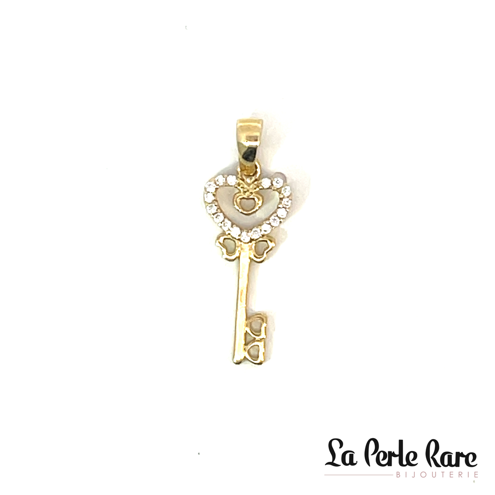 Pendentif clé/coeurs, or jaune 10 carats, zircons incolores - PAZ-34-J - Exclusivités