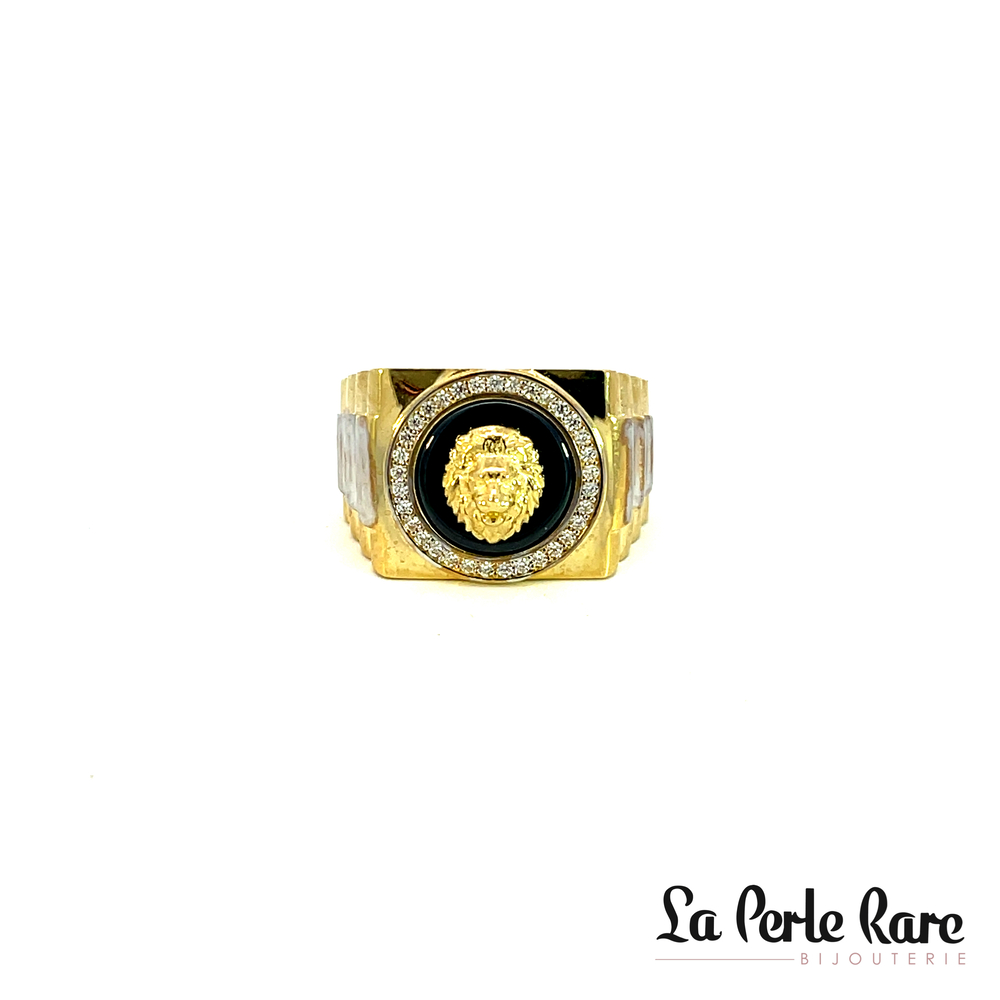 Bague style Versace, or 2 tons (j/b), onyx, zircons - LPR-2078 - Exclusivités