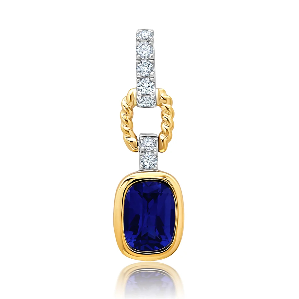 Pendentif or 2 tons (blanc et jaune) 14 carats, saphir de laboratoire de 121 points, 13 points de diamant de laboratoire total