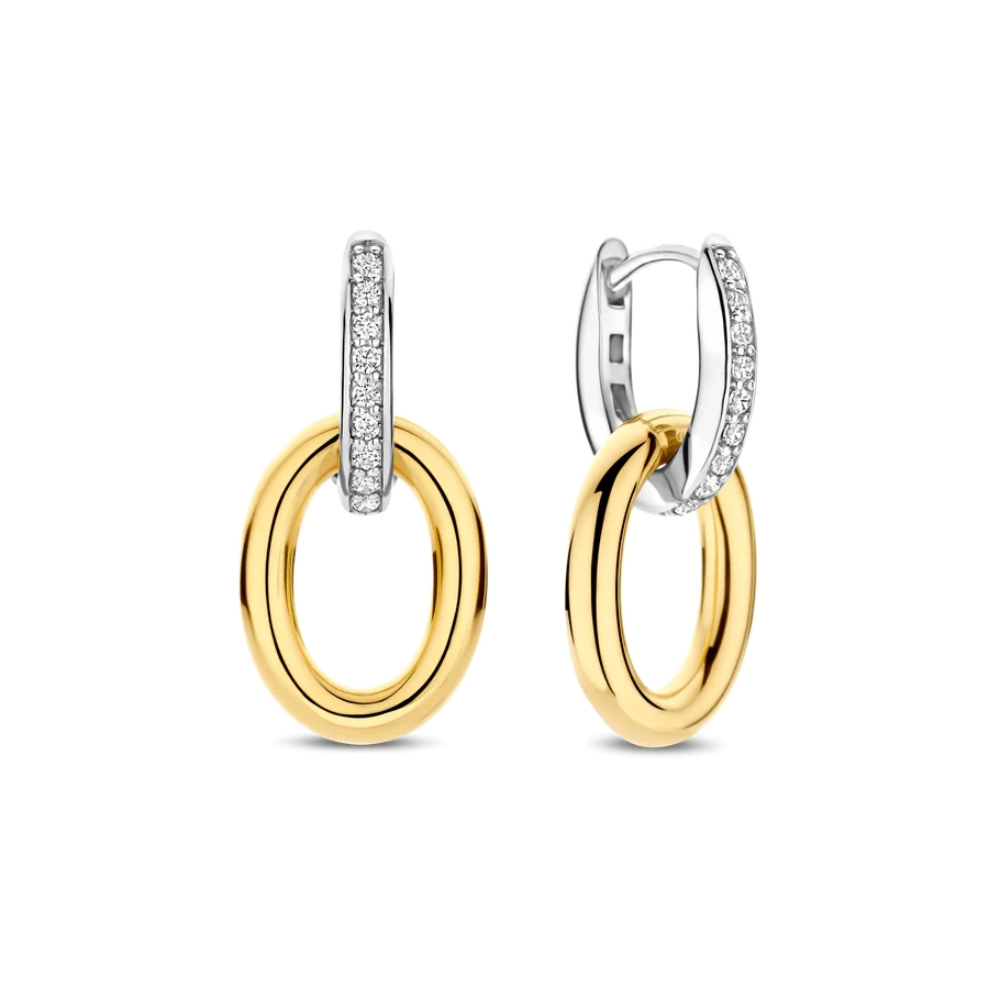 Anneaux pendants, argent 2 tons (blanc et jaune), zircons incolores - 78015ZY - Ti Sento