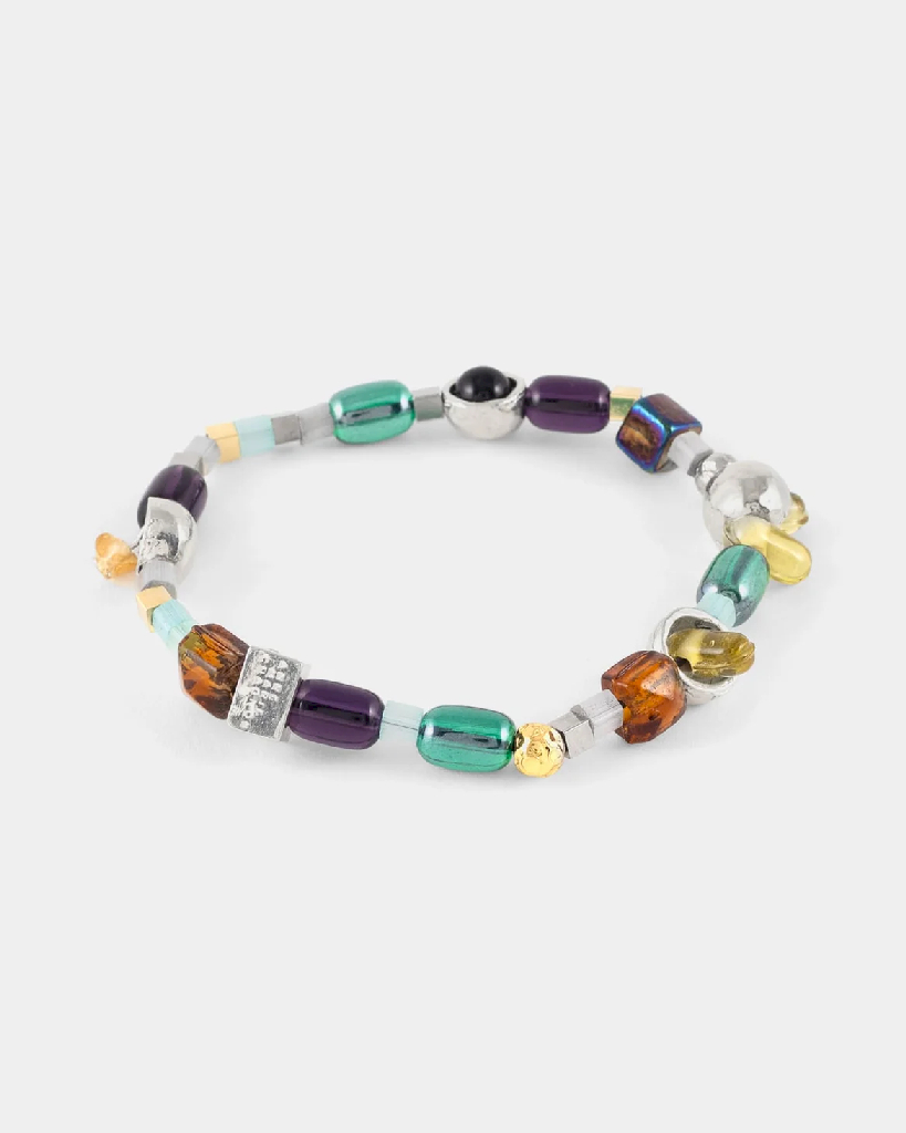 Bracelet élastique, étain 2 tons (blanc/jaune), verre coloré
