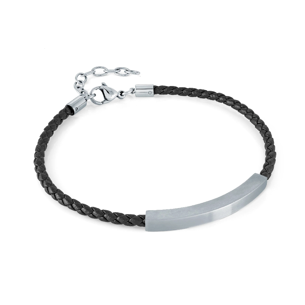 Bracelet d'identié, cuir noir tressé, acier inoxydable - SLB613 - Italgem Steel