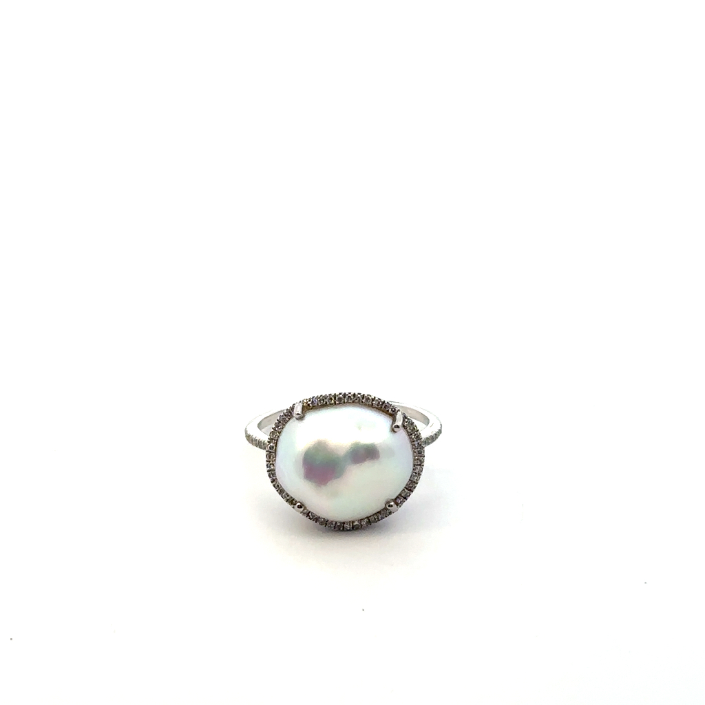 Bague or blanc 14 carats, perle, 16 points de diamant total - 144636-B - Majolie