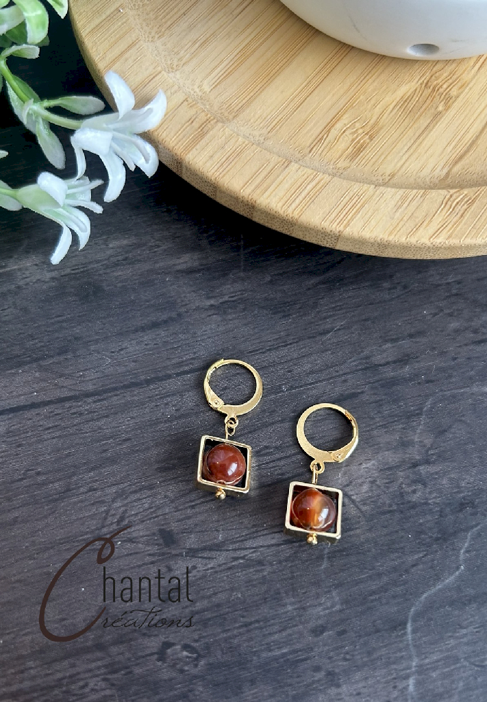 Boucles d'oreilles pendantes Caroline rousse, acier inoxydable doré, agates rousses - 25-BO-38 - Création Chantal