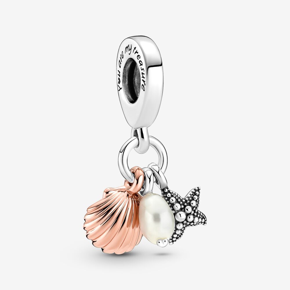 Bille triple perle d'eau douce, étoile de mer et coquillage, argent et pandora rose