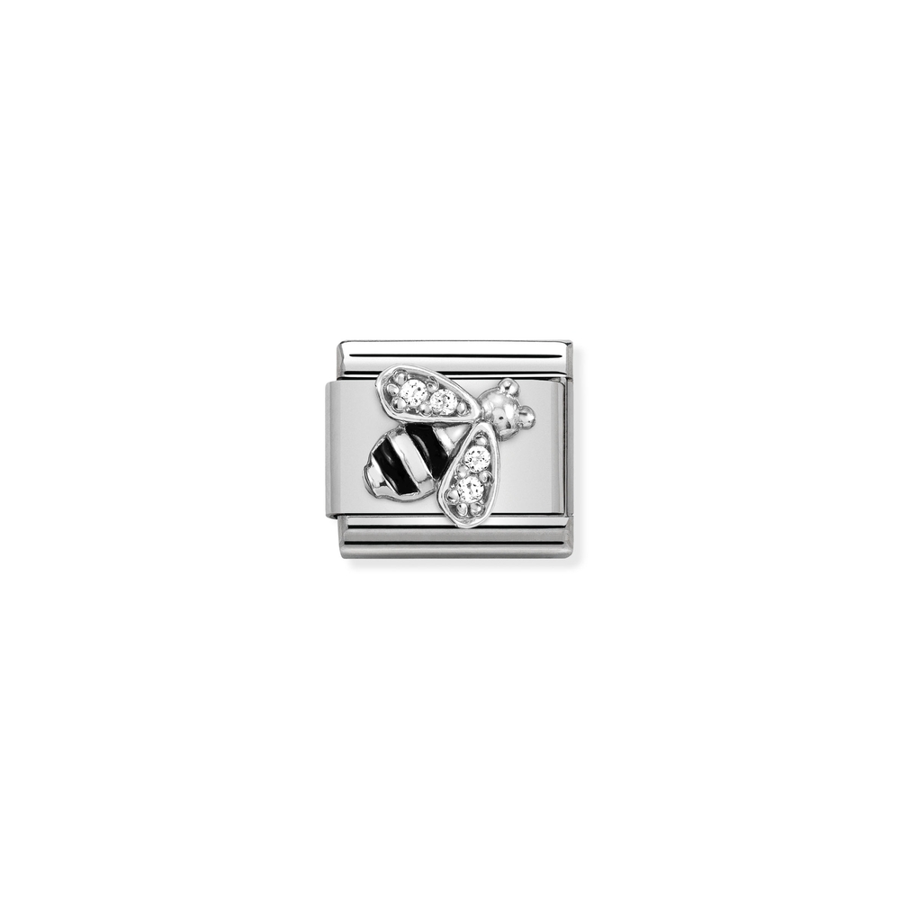 Maille classique abeille, acier inoxydable, argent, zircons incolores, émail noir - 33032102 - NOMINATION