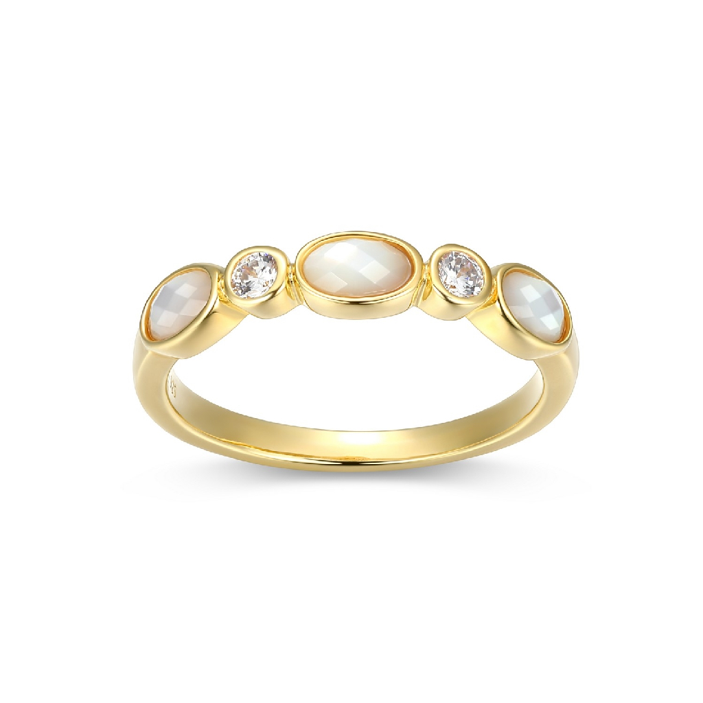 Jonc argent finition or jaune 18 carats, nacre de perle, zircons incolores