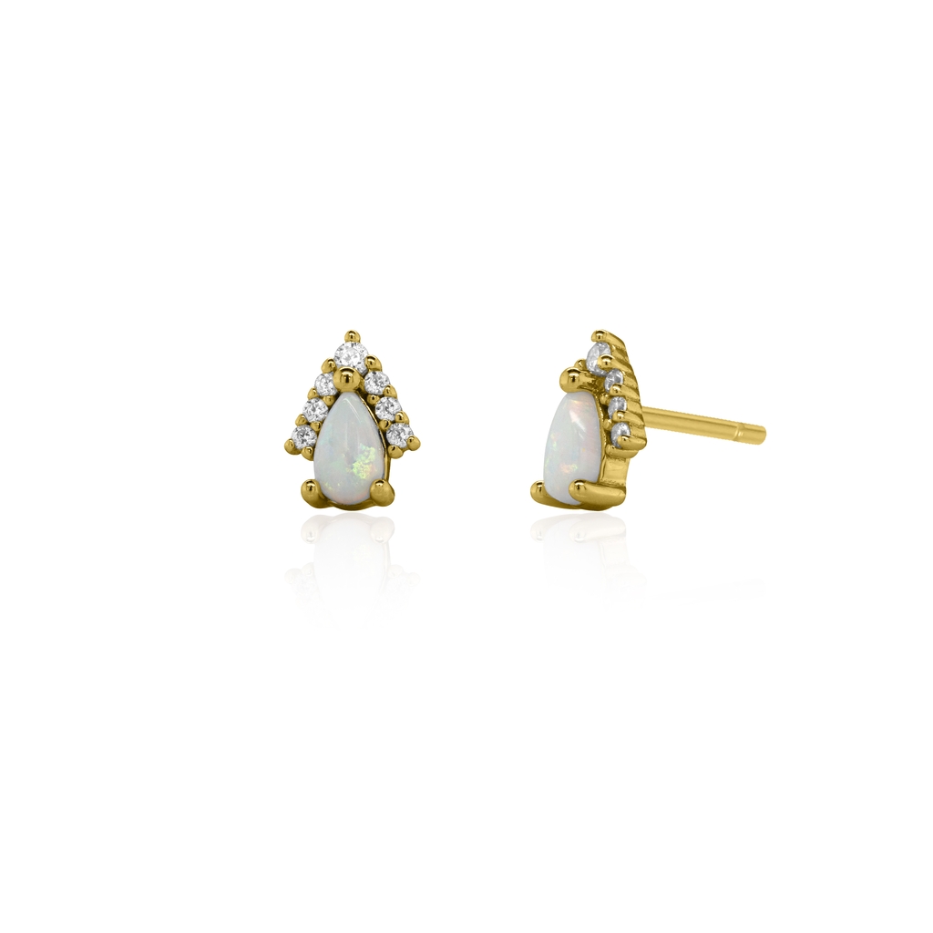 Boucles d'oreilles fixes argent finition or jaune, opales, zircons incolores