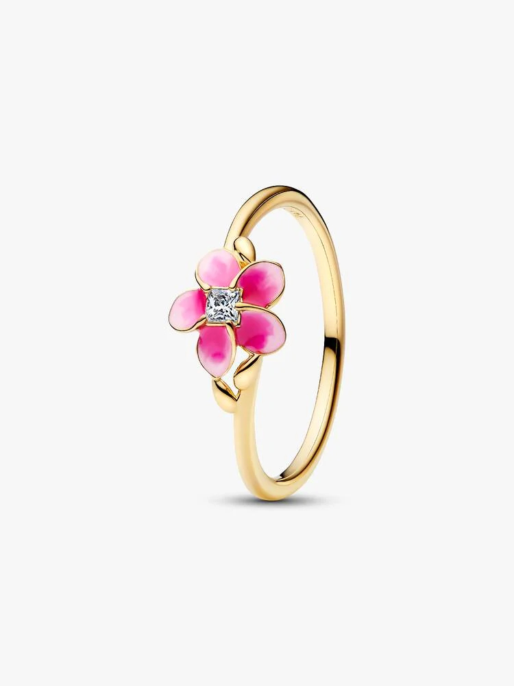 Bague Disney, fleur de Moana, métal unique plaqué d'or 14 carats, zircon incolore, émail rose