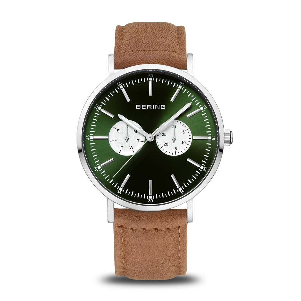 Montre cuir brun, acier inoyxdable, fond vert - 14240-508 - Bering