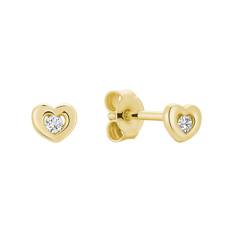 Boucles d'oreilles fixes coeurs, or jaune 10 carats, 4 points de diamant total