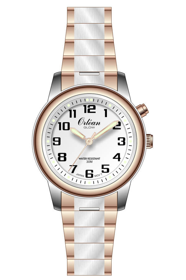 Montre extensible, acier inoxydable 2 tons (rose/blanc), fond blanc - ME3647 - Orlean