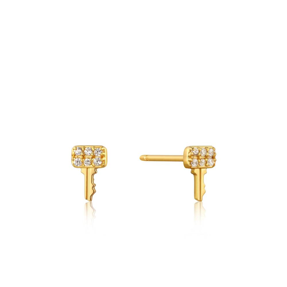 Boucles d'oreilles fixes clés en argent doré avec zircons - E032-05G - Ania Haie