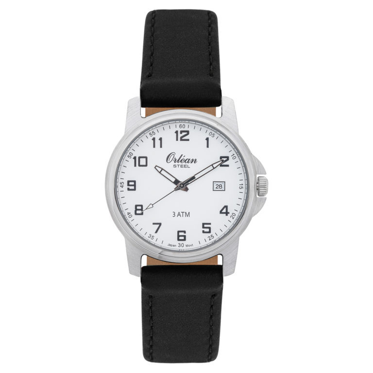 Montre cuir noir, acier inoxydable, fond blanc - ME3171-LTRNO - Orlean