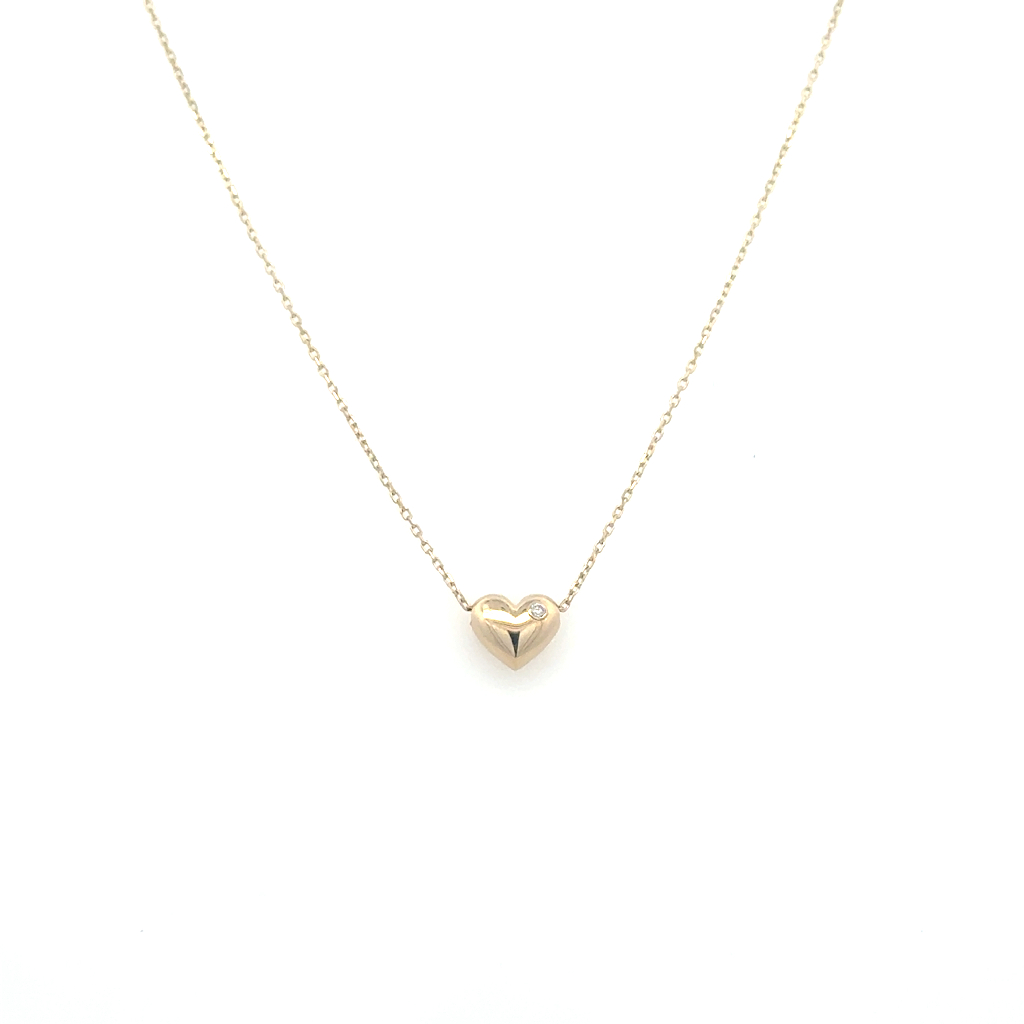 Collier coeur bombé, or jaune 14 carats, diamant de 1 point, SI/FG
