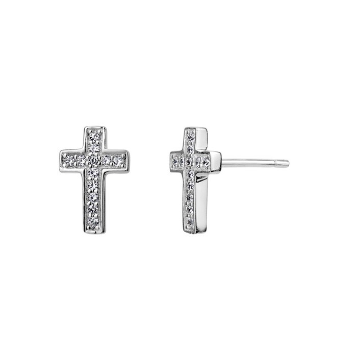 Boucles d'oreilles fixes croix, argent, zircons incolores - E4115 - Création Gl