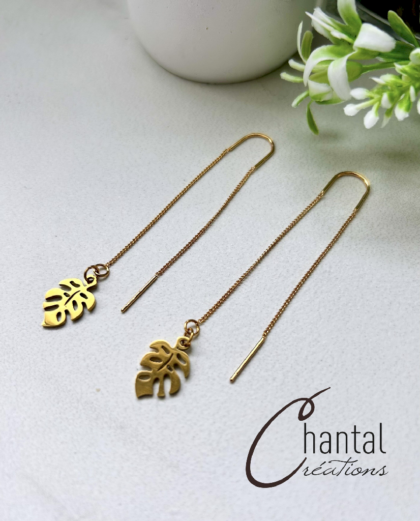 Boucles d'oreilles chaînette Shany monstera dorée, acier inoxydable doré