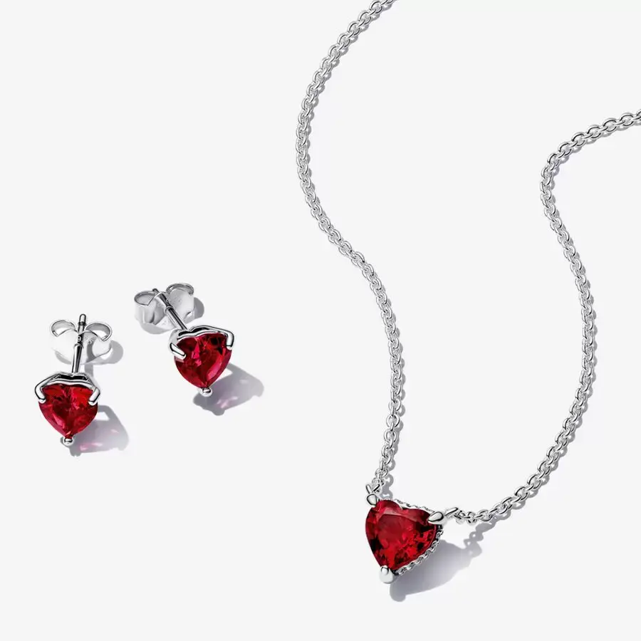 Ensemble collier/bo coeur scintillant, argent, zircons rouges rég:195.00$