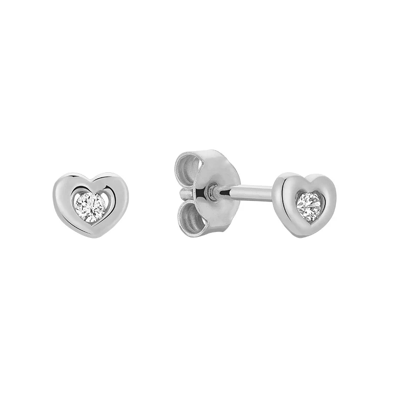 Boucles d'oreilles fixes coeurs, or blanc 10 carats, 4 points de diamant total