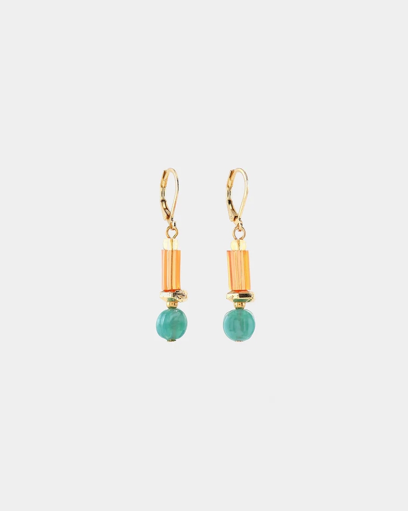 Drop earrings in stainless steel doré, pewter with gold tone and coloured glass