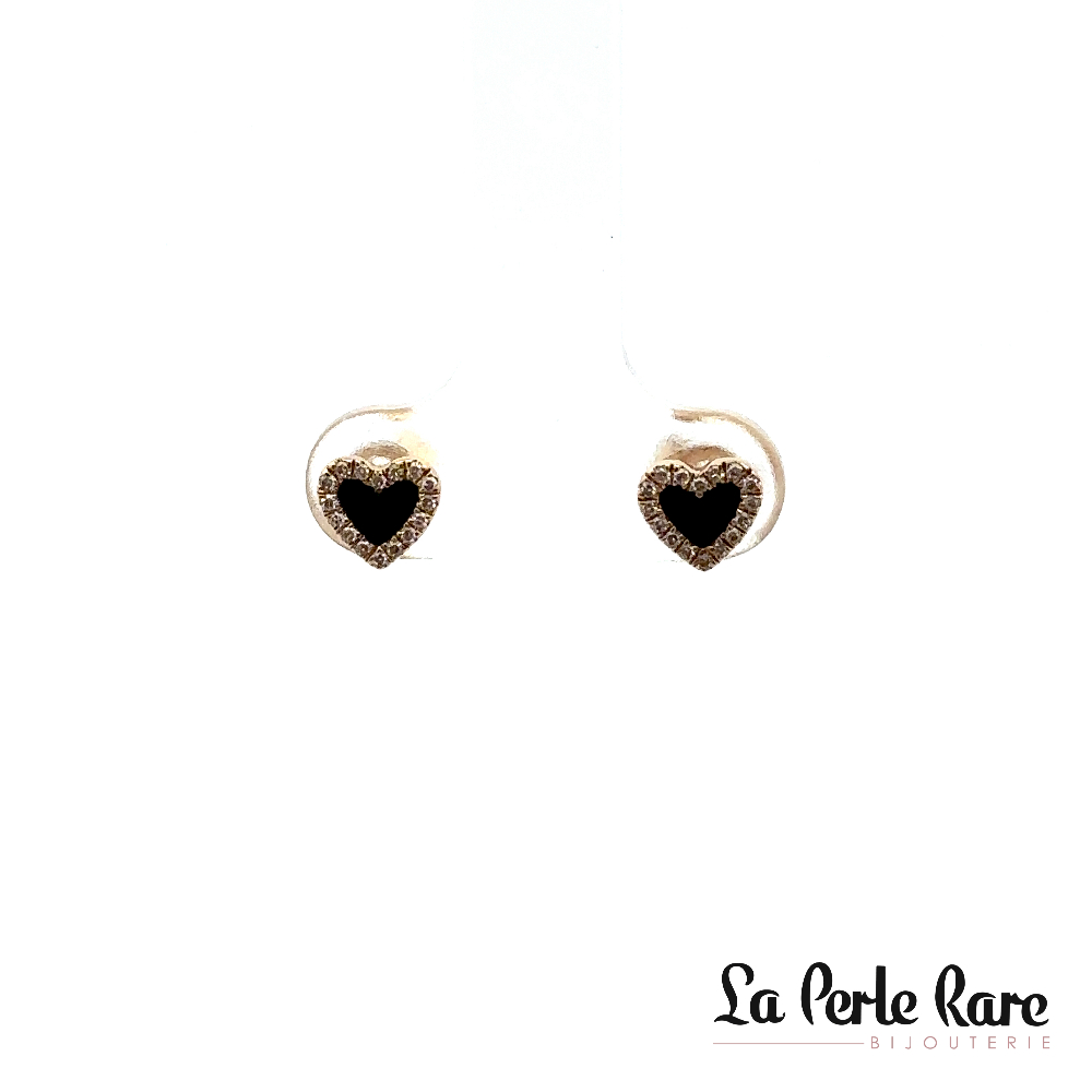 Boucles d'oreilles fixes coeurs, or jaune 14 carats, onyx, 9 points de diamants total - 5698OXE4YXA11 - Exclusivités