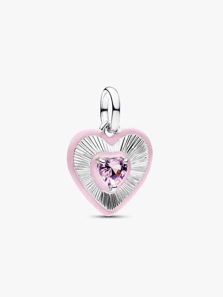 Bille médaillon coeur rayonnant, argent, émail rose, cristal rose, Pandora Me